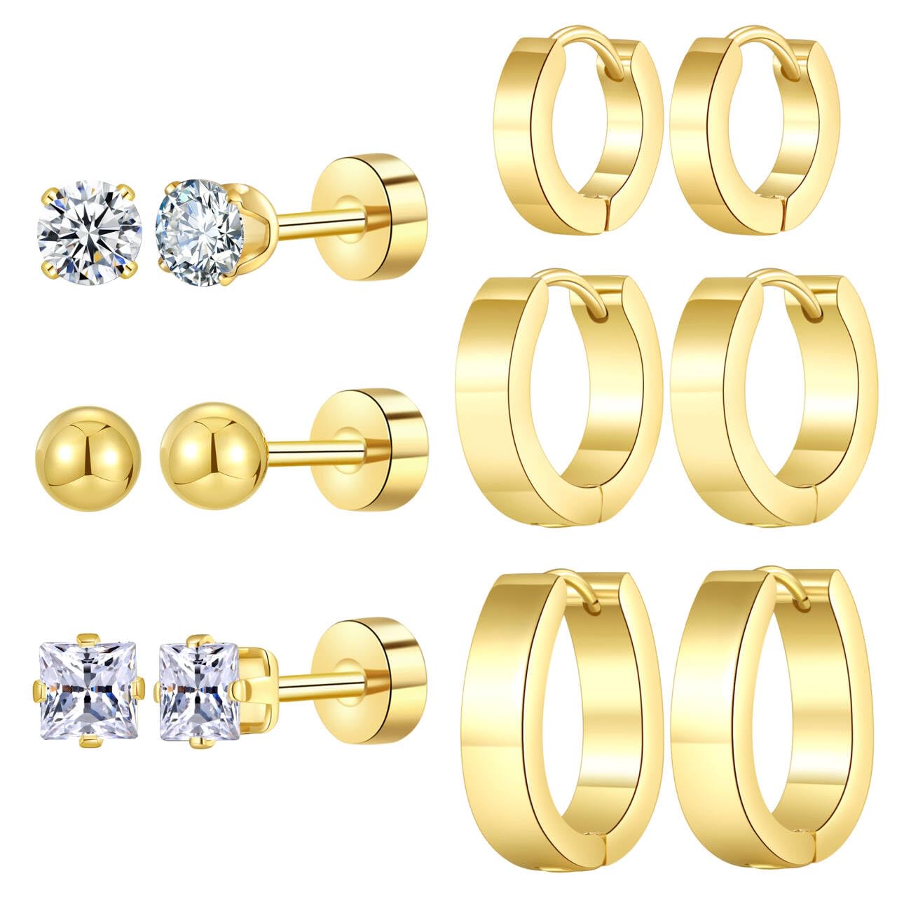 Stainless Steel Gold/Silver Plated Hoop Earrings for Women, Hypoallergenic 14k Gold Hoops Huggie Earrings Lightweight Cartilage Small CZ Ball Flatback Studs Earring Pack for Multiple Piercing